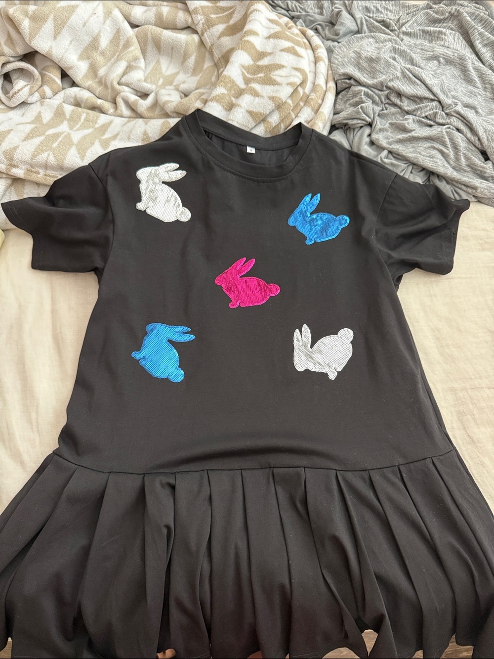 Black Dress with Colorful Bunny Appliqués